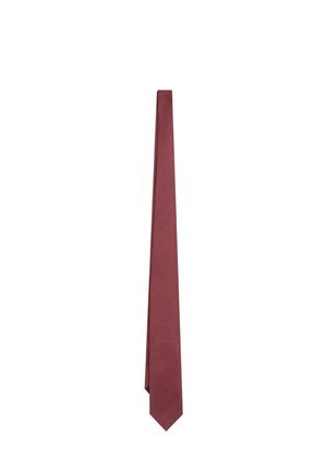 Corbata de hombre roja con estampado, de diseño delgado y cónico, expuesta sobre fondo blanco.