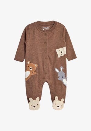 Pijama marrón para bebé con mangas largas, botones a presión en la parte delantera y aplicaciones con caras de oso, conejo y otros animales en las piernas y el cuerpo.