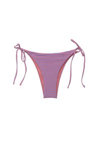 Bikini onderkant met roze en paarse strepen, verstelbare banden aan de zijkanten en een zachte, gestructureerde stof. Heeft een laag uitgesneden snit.