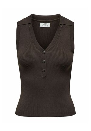 Haut sans manches en maille côtelée marron foncé avec col, encolure en V et trois boutons à l'avant, style ajusté.