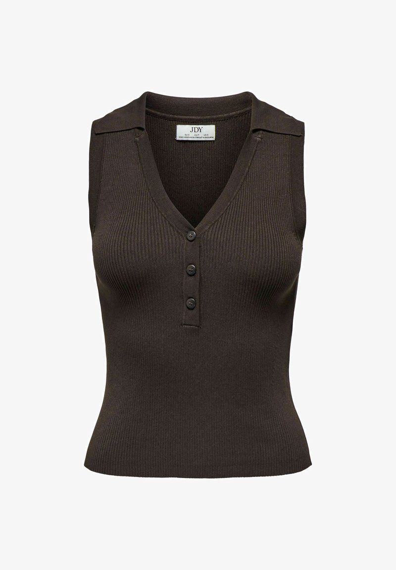 Haut sans manches en maille côtelée marron foncé avec col, encolure en V et trois boutons à l'avant, style ajusté.