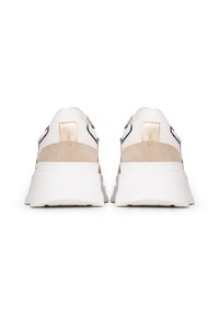 White and beige sneakers featuring a smooth leather upper, suede accents, a thick white sole, and metallic gold details on the heel.