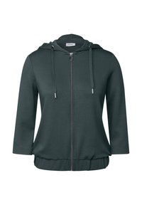 Hoodie zippé vert foncé en tissu doux avec une taille élastique ajustée, une capuche à cordon de serrage et des éléments en métal argenté.
