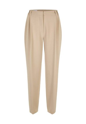 Beige maßgeschneiderte gerade Hosen mit Gürtelschlaufen, Reißverschluss vorne und seitlichen Taschen, vor einem weißen Hintergrund präsentiert.