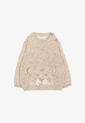 Maglione beige per bambini lavorato a maglia con filato screziato, disegno di faccia di tigre sulla tasca frontale e due bottoni sulla spalla sinistra.