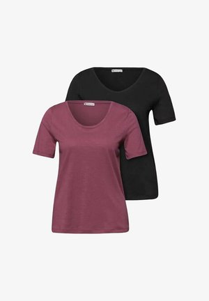 Due T-shirt da donna a maniche corte, una bordeaux con scollo rotondo e una nera con scollo a V, esposte su uno sfondo bianco.