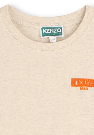 Beige cotton t-shirt with a round neck and short sleeves. Features an orange printed "KENZO PARIS" logo on the front left side.