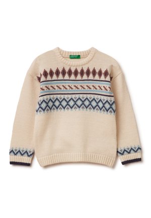 Cream knitted sweater with multicolored geometric patterns in brown and blue. Features a round neck and ribbed cuffs and hem.