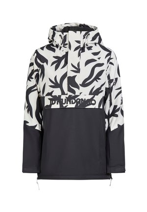 Veste noir et blanc avec un motif de feuilles, dotée d'une fermeture éclair à moitié sur le devant, d'une capuche ajustable et d'un logo sur la poitrine. Fabriquée en matériau lisse et imperméable.