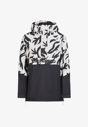 Sort og hvid jakke med bladmønster, med halv-lynlås foran, justerbar hætte og logo på brystområdet. Lavet af et glat, vandtæt materiale.