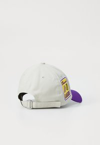 Gray cap with a purple bill, featuring a Los Angeles Lakers logo patch on the back. Adjustable strap at the rear for fit.