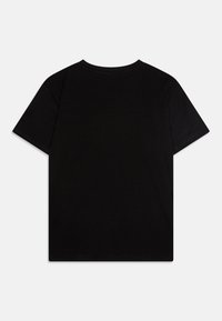 T-shirt noir à manches courtes avec un col rond, en coton doux, présentant un design uni et une texture lisse.