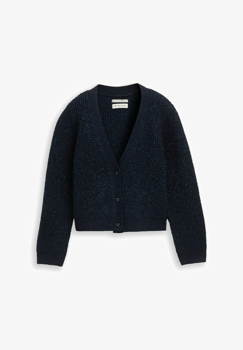 Navyfarbener, kurzer Cardigan aus strukturiertem Strickstoff, mit V-Ausschnitt, langen Ärmeln und fünf schwarzen Knopfverschluss.