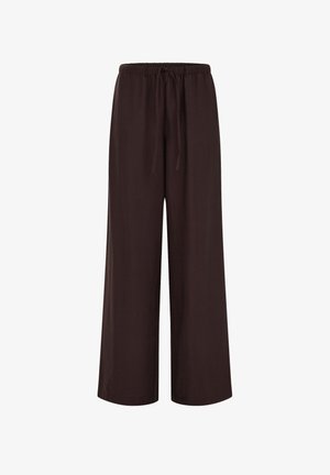 Pantaloni largi maro închis cu talie elastică și șnur frontal, confecționați dintr-un material ușor.