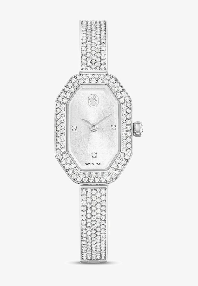 Silver octagonal watch featuring a crystal-encrusted bezel and band. White dial with minimalist silver hands. Swiss Made label visible.