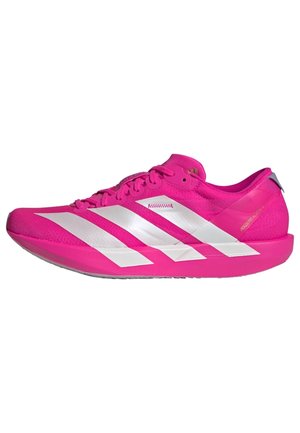 Bright pink running shoe with white three-stripe design, mesh upper, textured finish, and a lightweight sole, featuring a subtle heel tab.