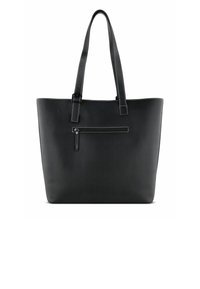 Borsa a spalla in pelle nera con una texture liscia, due manici lunghi e una tasca frontale con zip. Presenta cuciture bianche lungo i bordi.
