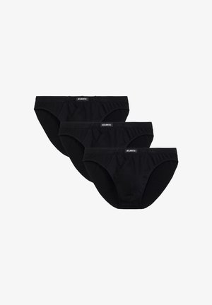 Czarne bawełniane majtki w paczce trzech. Posiadają gładką teksturę, elastyczny pas i subtelną grafikę z przodu.
