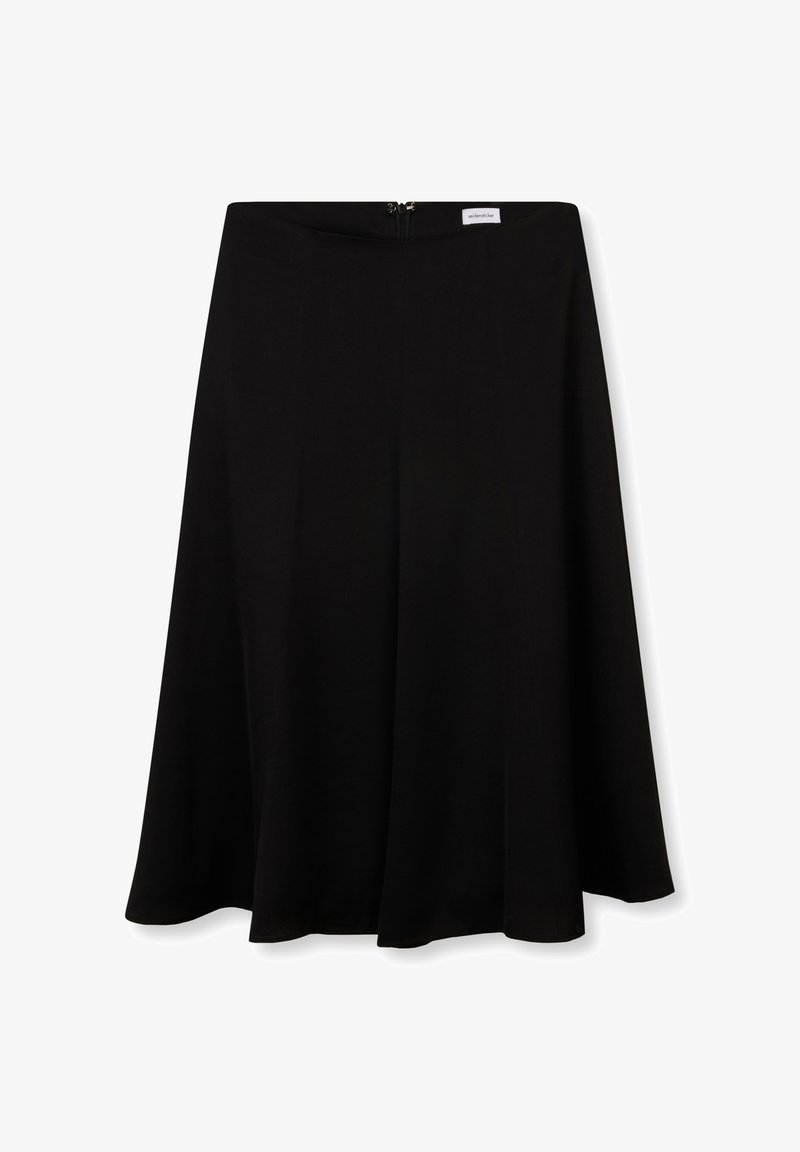 Jupe midi noire en ligne A avec fermeture éclair au dos et petite étiquette de marque blanche à la taille, présentée sur fond blanc.