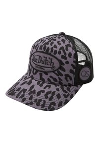 Fialová kšiltovka s leopardím vzorem a černou síťovinou na zadní straně, s nastavitelným zapínáním na patent a vyšitou logem "Von Dutch" na přední straně.