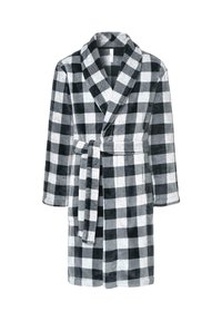 Bata de baño a cuadros en blanco y negro con cuello tipo chal, mangas largas y un cinturón a juego. Tela suave y texturizada, diseño hasta la rodilla.