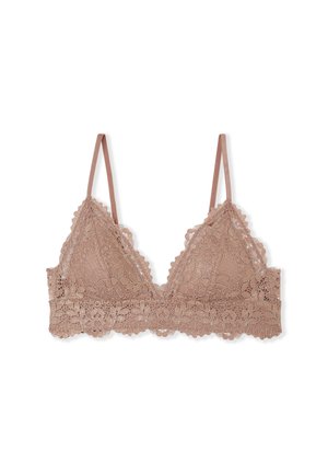 Spitzen-Bralette in weichem Taupe, mit einem gewellten Rand, dünnen verstellbaren Trägern und floralem Muster sowie einem glatten Unterband.