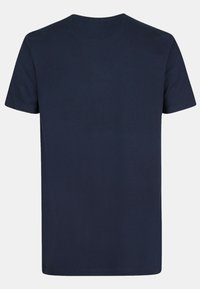 Camiseta de algodón de manga corta en color azul marino. Presenta un cuello redondo y una textura lisa y sencilla sin patrones ni acentos visibles.
