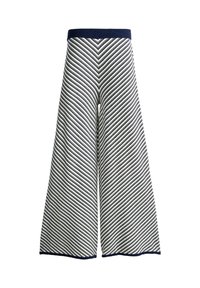 Pantalon à jambes larges avec rayures diagonales bleu marine et blanches, taille et ourlets bleu marine, présenté sur un fond blanc.