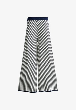 Pantaloni a gamba larga con righe diagonali blu navy e bianche, vita blu navy e rifinitura blu navy agli orli, mostrati su uno sfondo bianco.