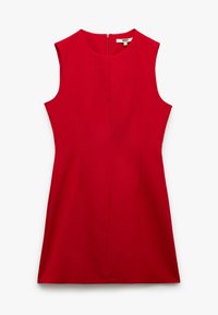 Robe sans manches rouge avec un col rond et une fermeture éclair au dos. Tissu lisse avec des détails de couture minimaux et une silhouette droite.