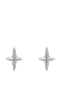 Orecchini a perno in argento a forma di stella con punte, superficie liscia e finitura lucida. Design piccolo e minimalista.