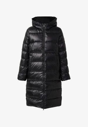 Schwarzer Puffermantel mit Kapuze, glänzender, gesteppten Textur, langen Ärmeln, einem Frontreißverschluss und knielanger Ausführung.