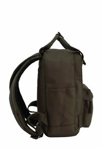 Dark green backpack featuring padded shoulder straps, reinforced stitching, and a side pocket. Constructed from durable nylon material.