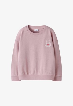 Różowa bluza z bawełnianej mieszanki, z okrągłym dekoltem i ściągaczami. Zawiera mały haftowany kubek z parą i sercem.