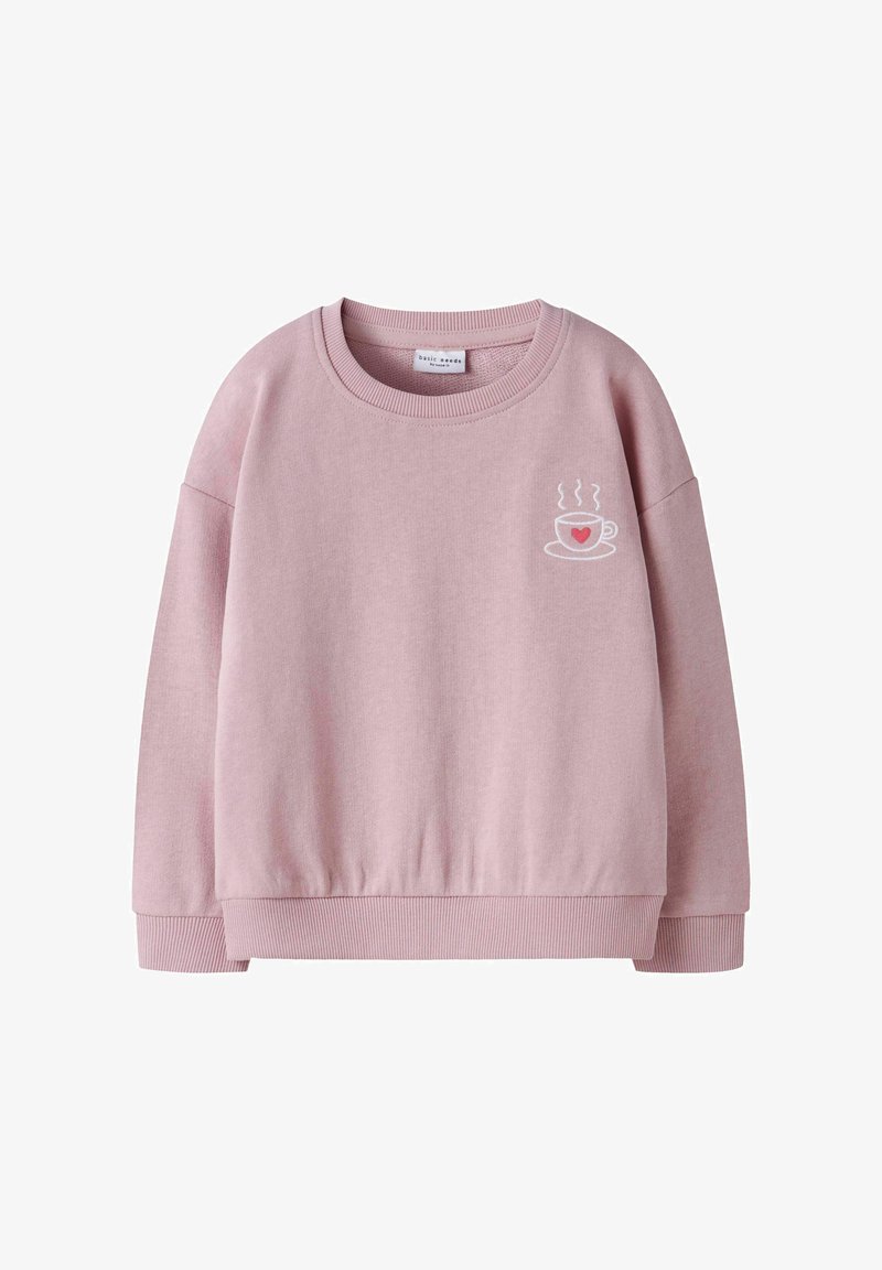 Różowa bluza z bawełnianej mieszanki, z okrągłym dekoltem i ściągaczami. Zawiera mały haftowany kubek z parą i sercem.
