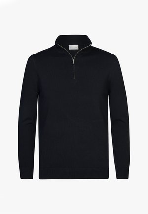 Pull noir à col zippé avec des manches longues. Fabriqué en tissu tricot lisse, avec des poignets et un ourlet côtelés, et une fermeture éclair d'un quart de longueur.