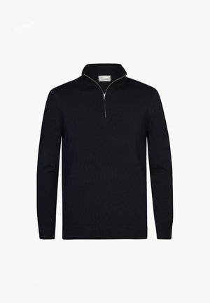 Maglione nero con collo zip e maniche lunghe. Realizzato in morbido tessuto a maglia, presenta polsini e orlo a costine, e una zip di lunghezza quarti.