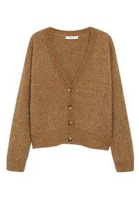 Cardigan marron en maille avec col en V, manches longues et cinq boutons en bois sur le devant. Tissu texturé et détails de bordures côtelées.