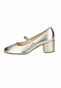 Scarpa Mary Jane in argento metallico con punta arrotondata, cinturino alla caviglia regolabile e tacco quadrato a blocco, caratterizzata da una texture liscia.