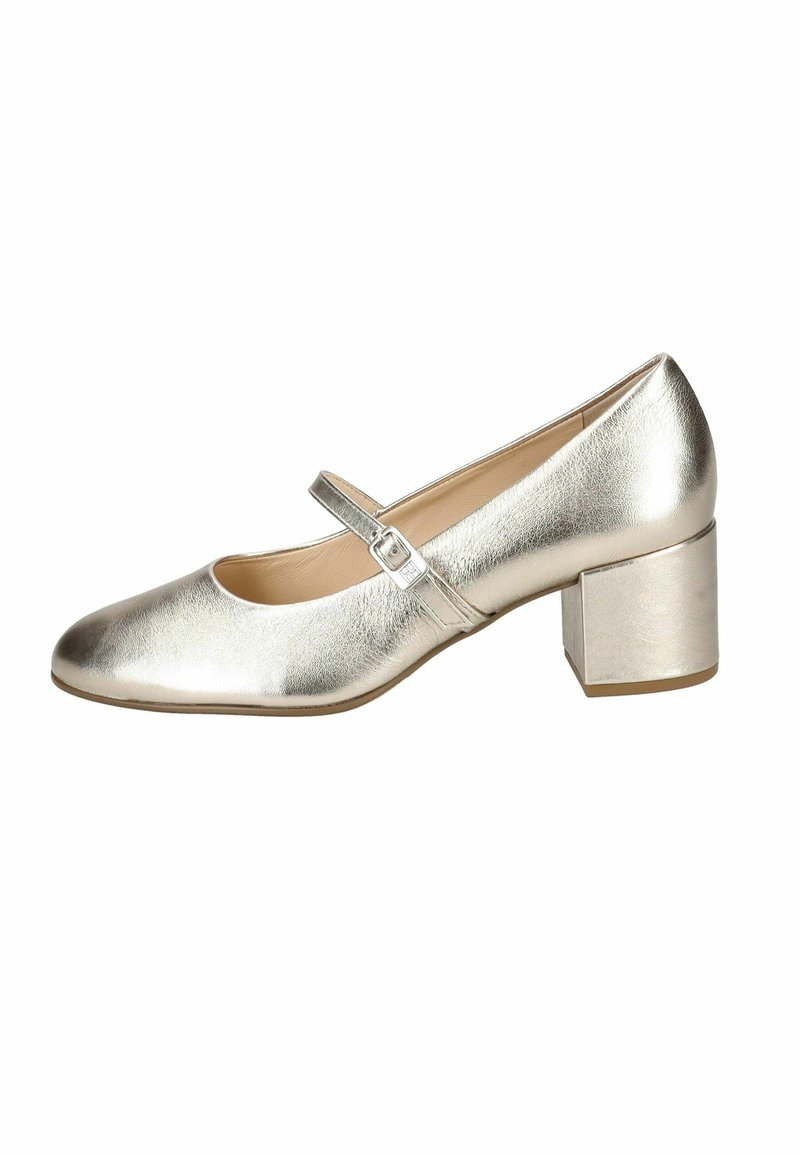 Scarpa Mary Jane in argento metallico con punta arrotondata, cinturino alla caviglia regolabile e tacco quadrato a blocco, caratterizzata da una texture liscia.