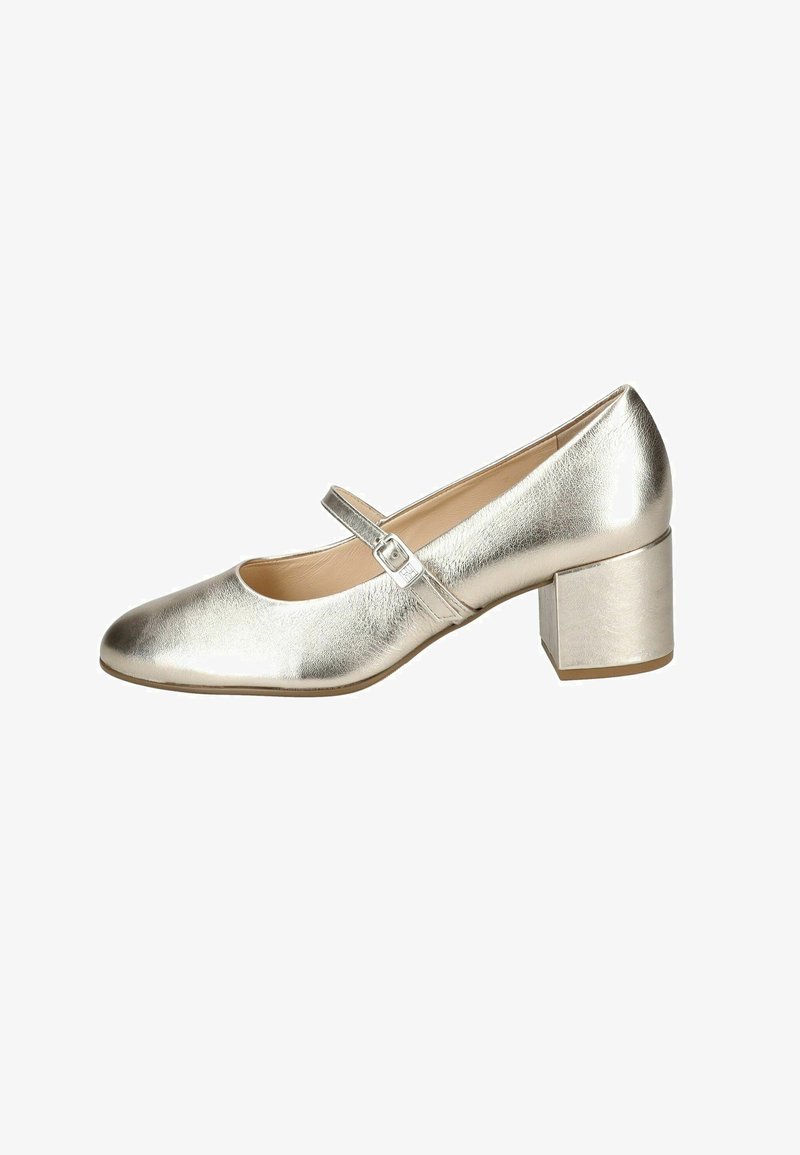 Scarpa Mary Jane in argento metallico con punta arrotondata, cinturino alla caviglia regolabile e tacco quadrato a blocco, caratterizzata da una texture liscia.