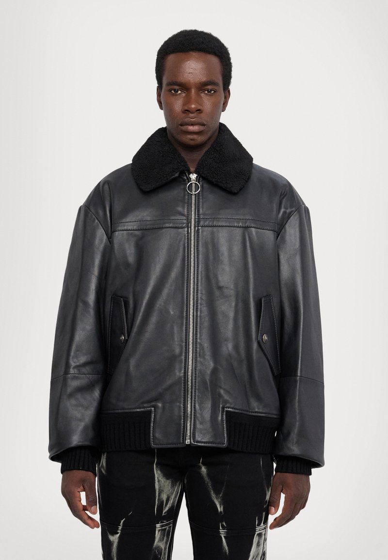 VERSACE JEANS Size 40 Black Stitched Leather Zip Up Jacket