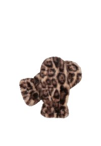 Mittens in pelliccia sintetica a stampa leopardata con una texture morbida, forma arrotondata e pannellatura pronunciata per le dita. Schema di colori: marrone, beige e nero.