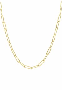 Gouden ketting met een ontwerp van langwerpige ovale schakels met een gladde afwerking. Het ontwerp is minimalistisch met een uniforme textuur.