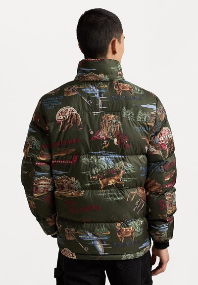 Quilted puffer jacket in dark green, featuring colorful outdoor-themed prints, including animals and rustic imagery, with a stand-up collar.