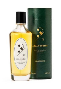 Klare Glasflasche mit schwarzem Deckel, gefüllt mit gelber Cologne. Weiße Etikette mit schwarzem Text. Grüner zylindrischer Karton mit goldenen Akzenten. 125ml.