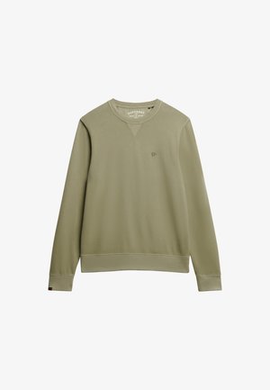 Sweat-shirt vert khaki à manches longues, col rond et poignets côtelés. Présente un logo discret sur la poitrine et une texture lisse.
