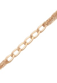 Bracciale dorato con anelli ovali intrecciati. Accenti testurizzati su alcuni anelli creano un contrasto con le superfici lisce. Design con catena regolabile.