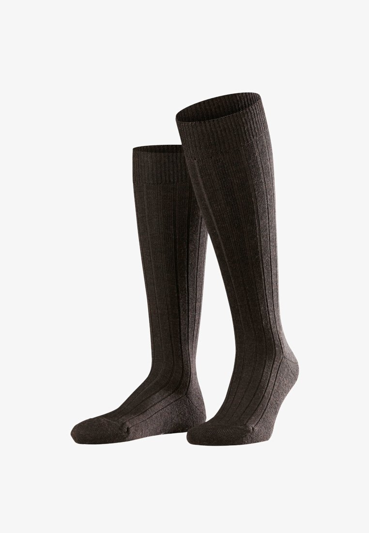 Dunkelgraue, knielange Socken mit gerippter Textur, verstärkter Zehenpartie und glattem oberen Bündchen. Hergestellt aus weichem, atmungsaktivem Material für besonderen Komfort.