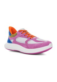 Pink suede sneaker with mesh panels, orange laces, and a thick white sole accented by purple. Features blue and green detailing on the heel.